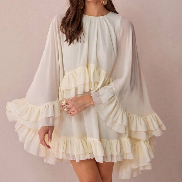 Apricot Boho Womens Romantic Cape Ruffle Hem Mini Dress - Picture 4 of 7